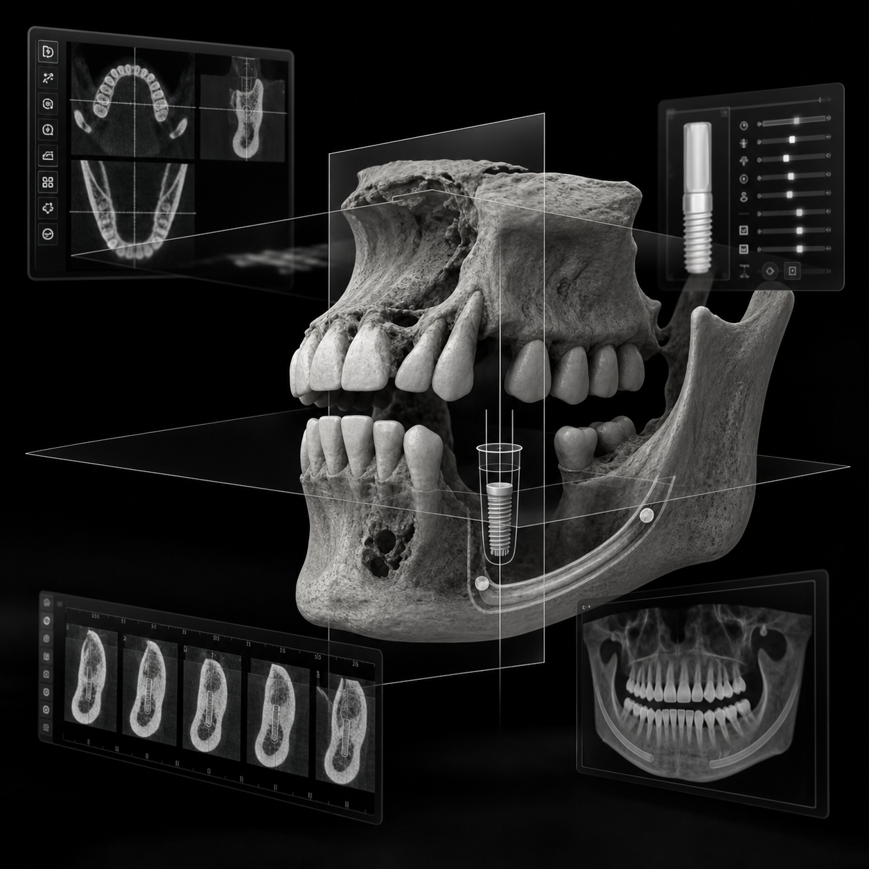 High-quality 3D render of CBCT diagnosis and implant planning