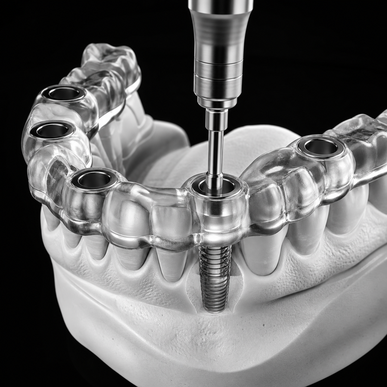 High-quality 3D render of guided flapless implant surgery
